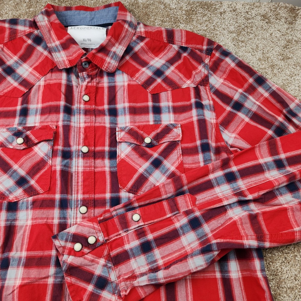 Aeropostale Mens XL Red Plaid Western Pearl Snap Shirt Long Sleeve Cotton